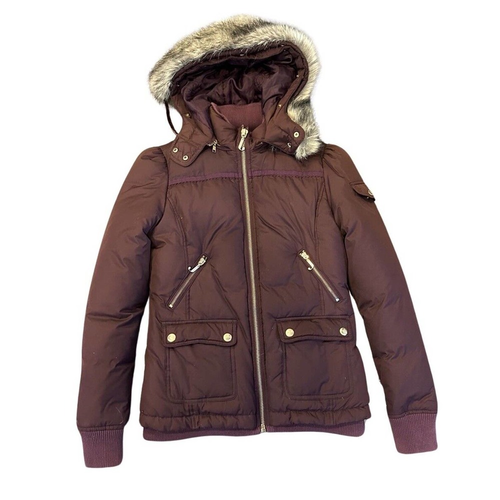 Juicy Couture Womens Purple Puffer Coat Jacket Fur Hood size M